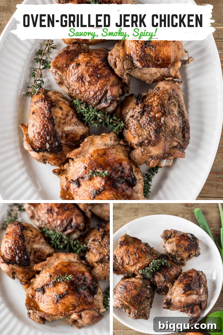 Collage of Jamaican jerk chicken on plates with side dishes.