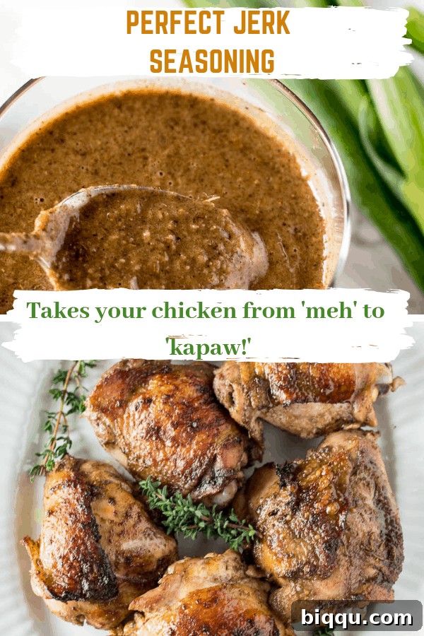 Promotional graphic for Jamaican jerk seasoning with text 'Takes your chicken from 'meh' to 'kapaw!' – highlighting the transformative power of homemade jerk spice.