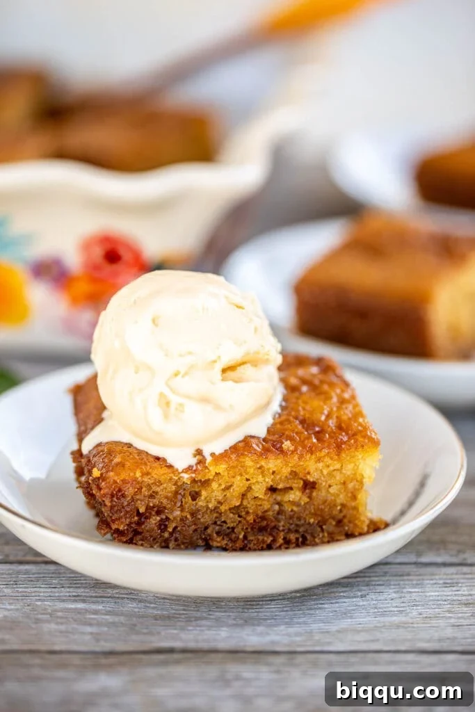 A slice of South African Malva Pudding Recipe topped with a scoop of ice cream.