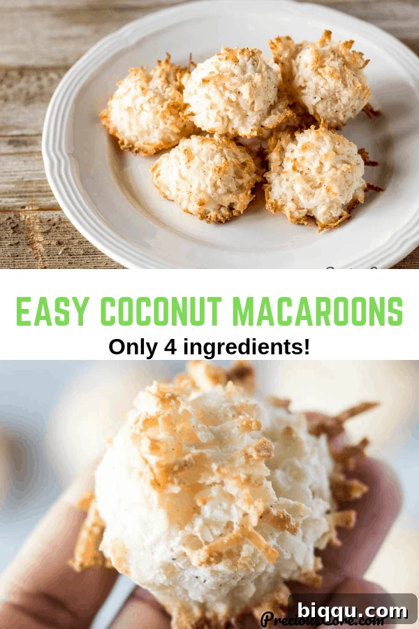 Pictures of macaroons with text "Easy Coconut Macaroons Only 4 ingredients!"