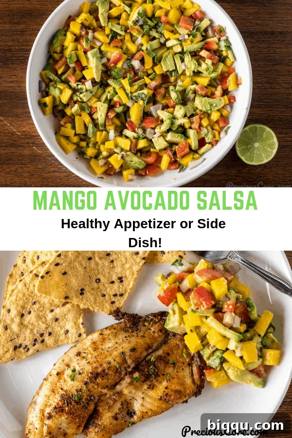 A visual collage showcasing two inviting pictures of the vibrant Mango Avocado Salsa.