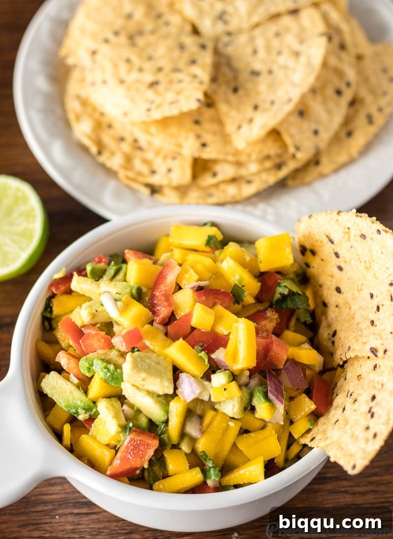 Homemade Mango Avocado Salsa artfully served in a bowl with crispy tortilla chips, inviting a delightful snacking experience.