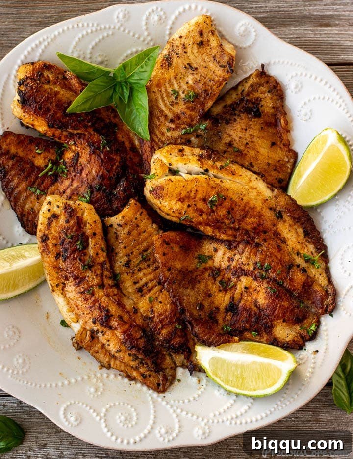 Perfectly Pan Seared Tilapia served on a white plate with fresh lime wedges, ready for enjoyment.