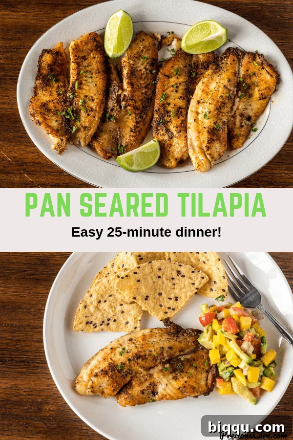 A collage of two appetizing photos of pan seared tilapia: one close-up in the pan and one plated with fresh garnishes.
