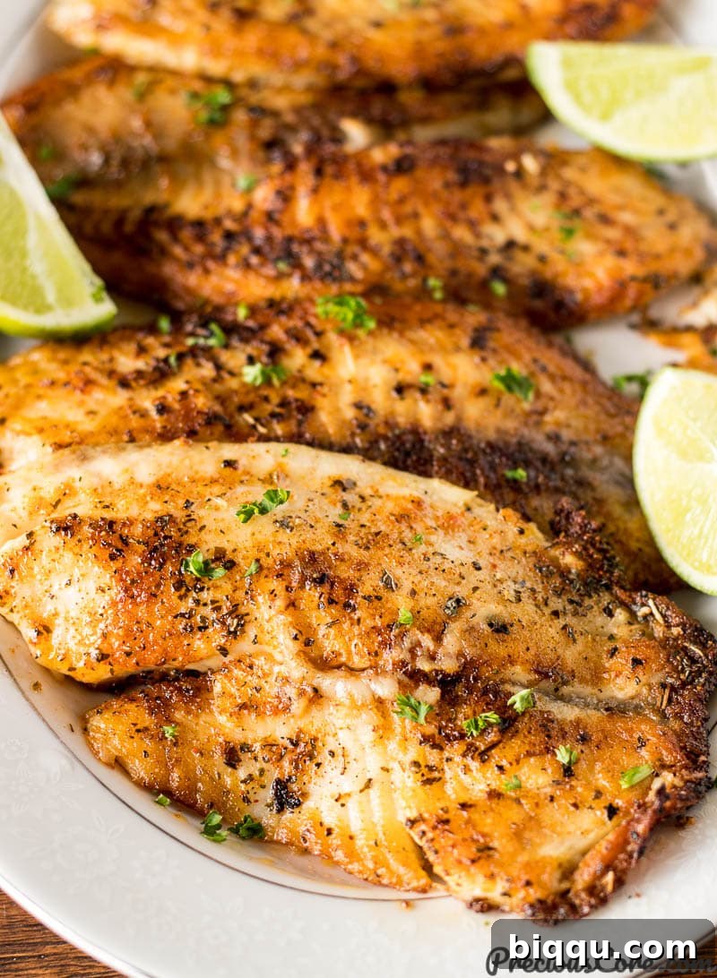 Close up view of perfectly pan-seared tilapia fillets in a cast iron skillet, showing the golden crust.