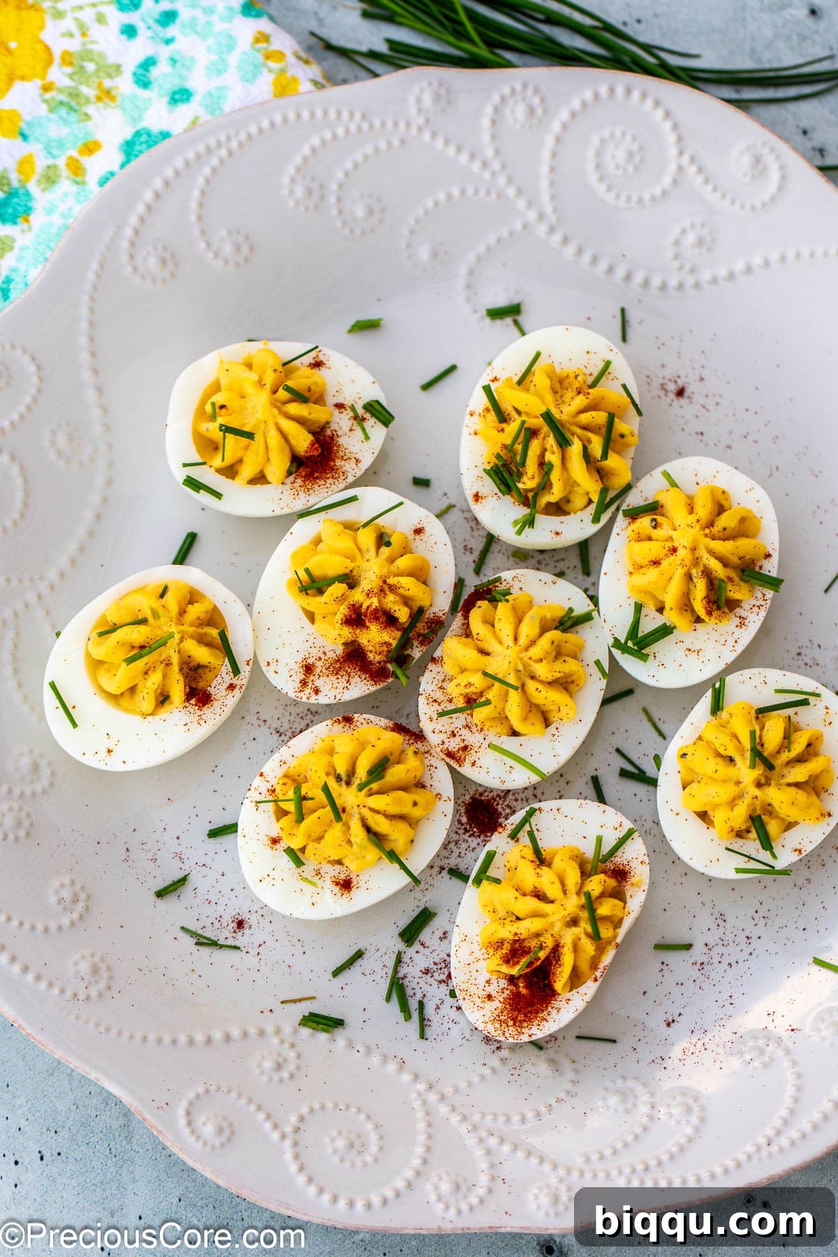 Platter of decorated deviled eggs.