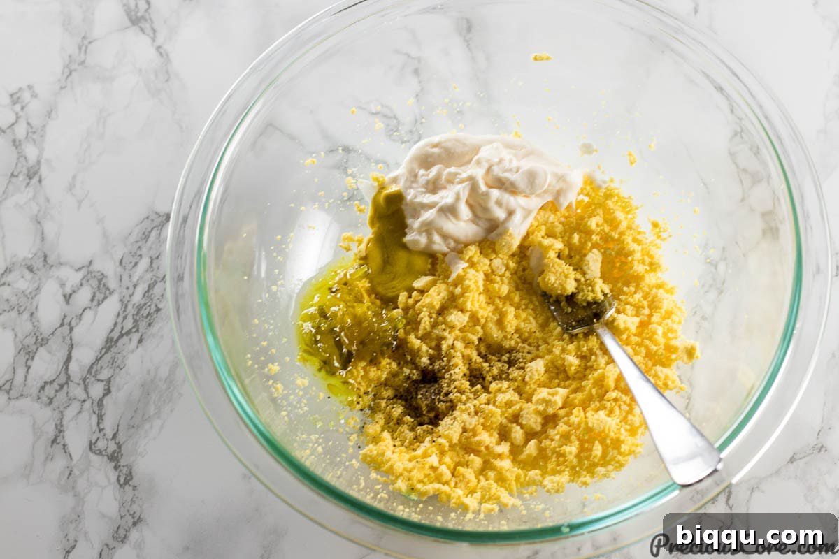 Deviled Eggs filling ingredients in a bowl
