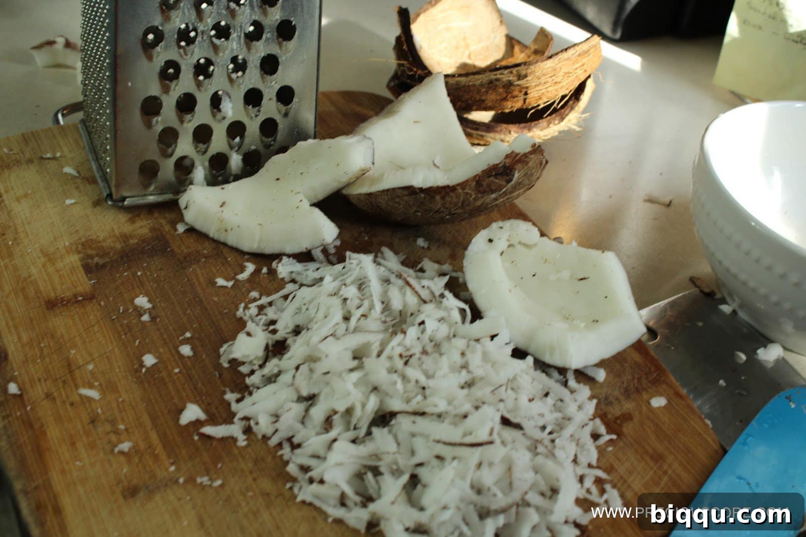 Close-up of freshly shredded coconut flakes.