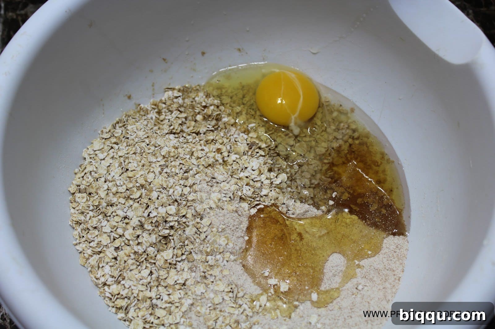 Ingredients for a healthy fruit pizza crust: whole wheat flour, oats, egg, coconut oil, honey.