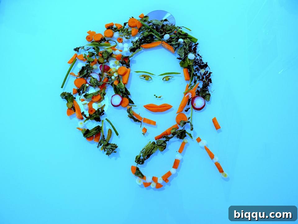 Vegetable art depicting a face with features made from carrots, leeks, celery, and radish