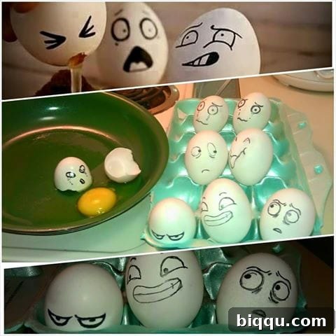 Egg art with faces drawn on hard-boiled eggs, showcasing Lapiro's playful creativity