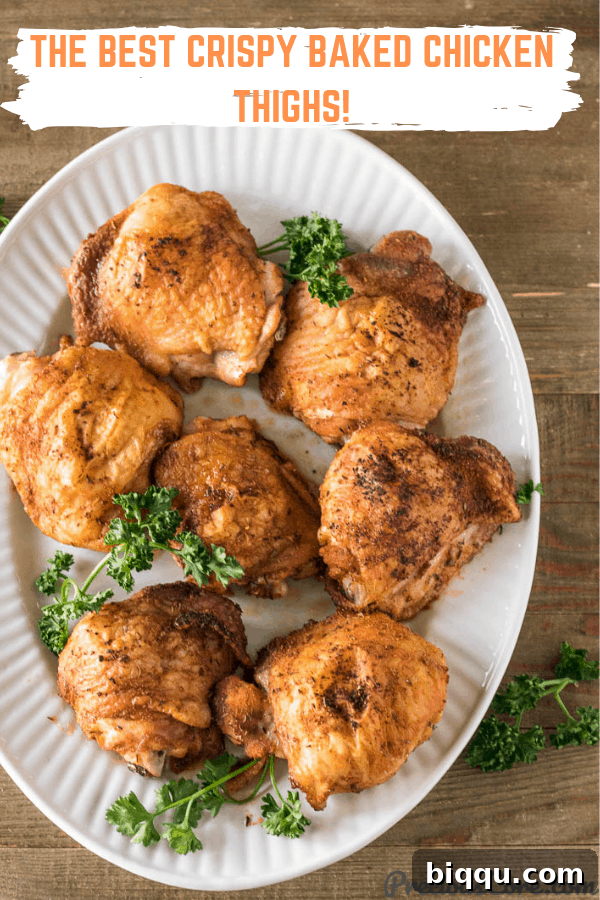 Picture of crispy chicken thighs with text on top