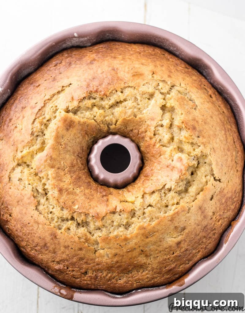 A freshly baked plantain cake cooling in a bundt pan, showcasing its beautiful, cracked golden top.