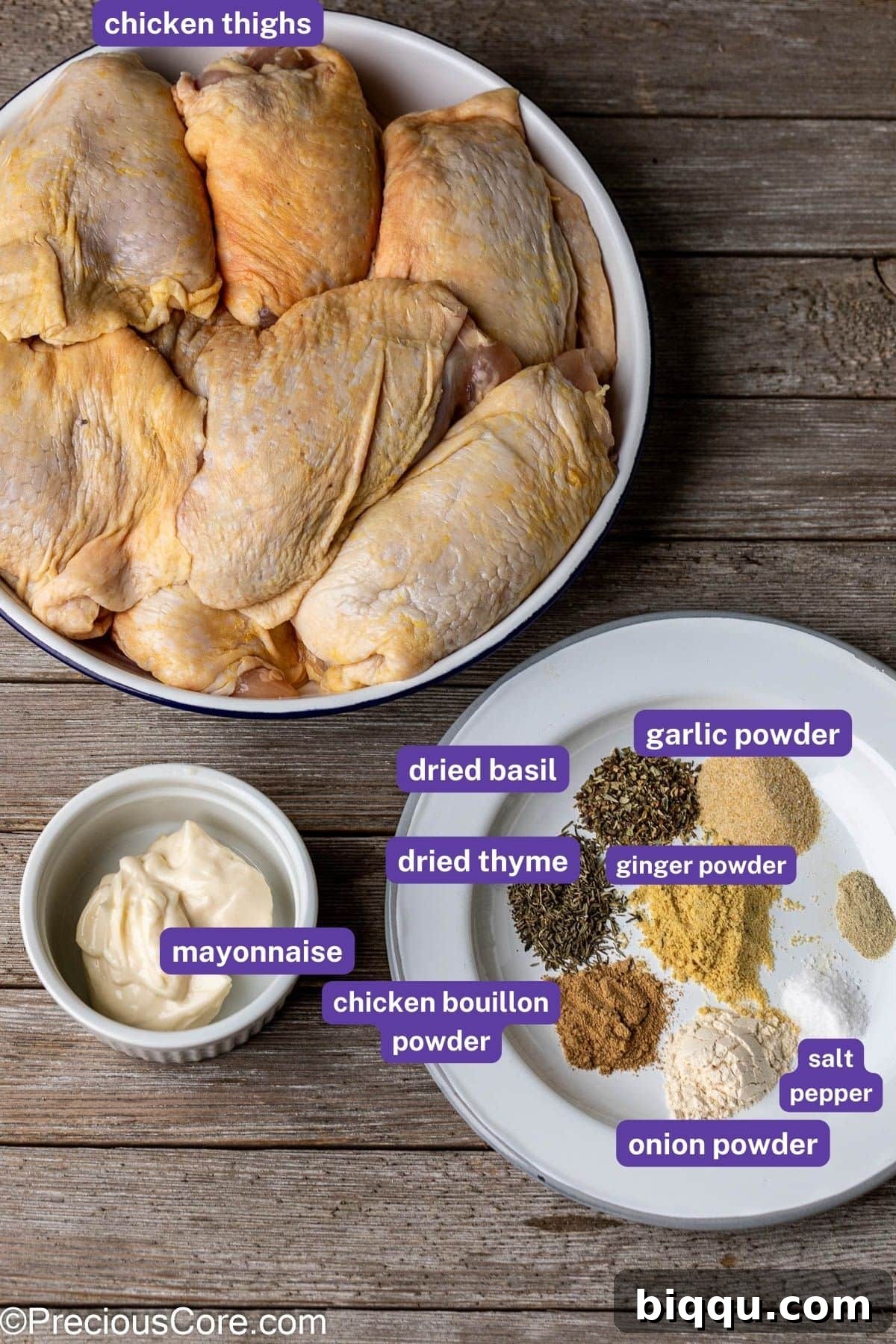 Various ingredients for mayonnaise chicken laid out with labels on them.
