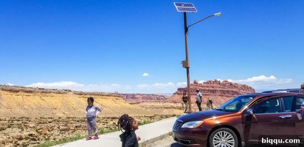 People outside under a blue sky with mountains in the background, enjoying a road trip vista.
