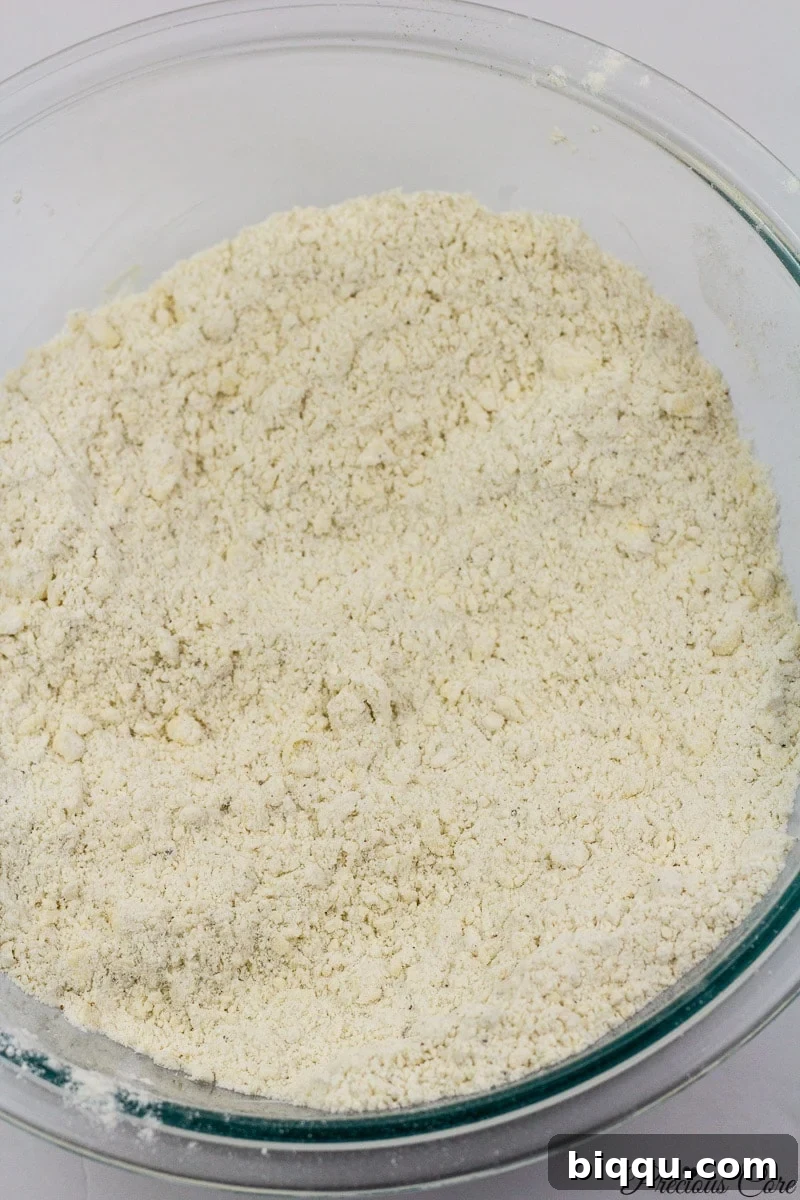 Mixed dry ingredients for doughnuts in a bowl, resembling fine breadcrumbs.
