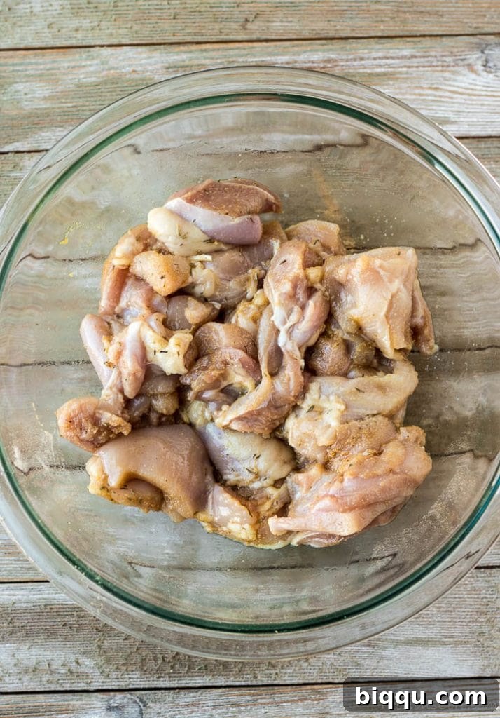 Chunks of chicken in a bowl, thoroughly mixed with a vibrant spice rub
