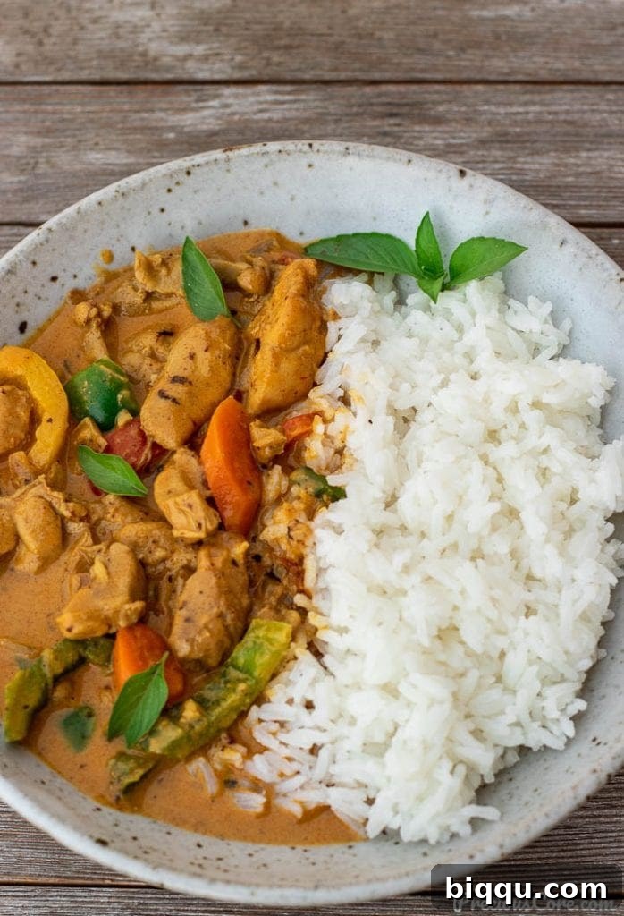 A beautifully plated bowl of coconut curry chicken with jasmine rice, garnished with fresh herbs.