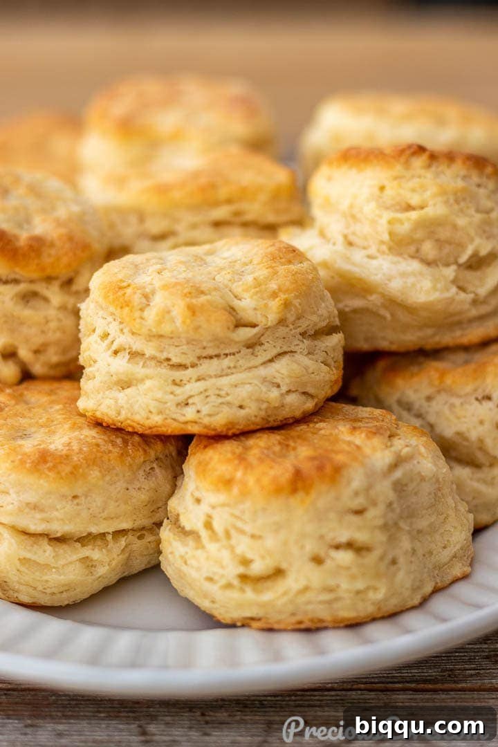 Stacked Buttermilk Biscuits on platter, showcasing their flaky layers and golden-brown tops.