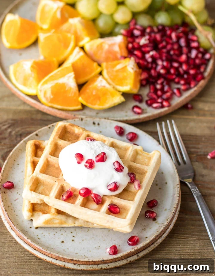2 waffles on a plate with whipped cream and pomegranate seeds on top