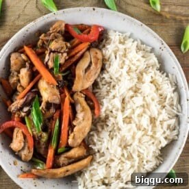 A bowl of rice and chicken stir fry. Easy dinner recipe for family