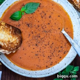 Roasted tomato and garlic soup in a bowl with a grilled cheese sandwich dipping into the soup.