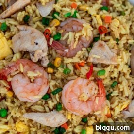 Shrimp and chicken fried rice in a white dish.