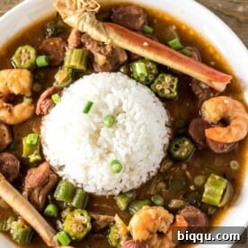Seafood Gumbo and rice on a plate.