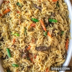 Beef Fried Rice in oval serving bowl