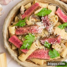 Creamy pasta in a bowl topped with juicy steak.