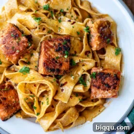Plated Cajun Pasta With Salmon.