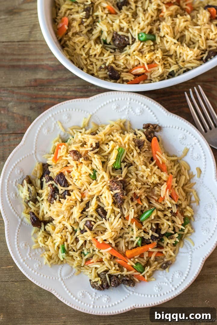 A serving of Beef Fried Rice on a white plate, showcasing its rich colors and textures.